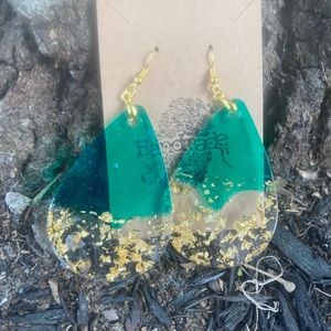 Green and gold teardrop XL large resin earrings